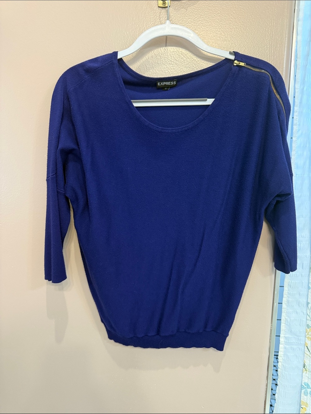 Express Women's Deep Blue Zip-Shoulder Scoop Neck Sweater
